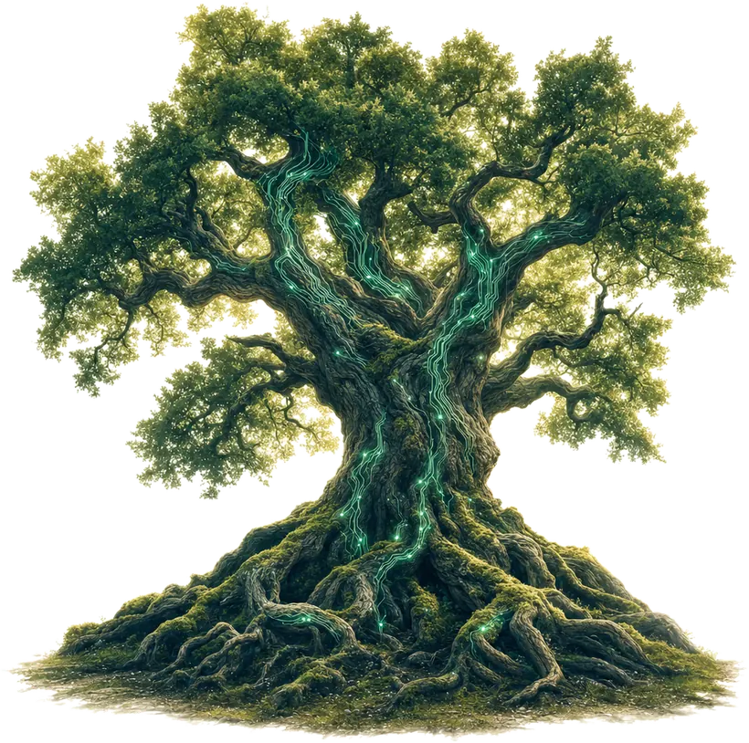 An ancient tree with glowing circuit-vein roots